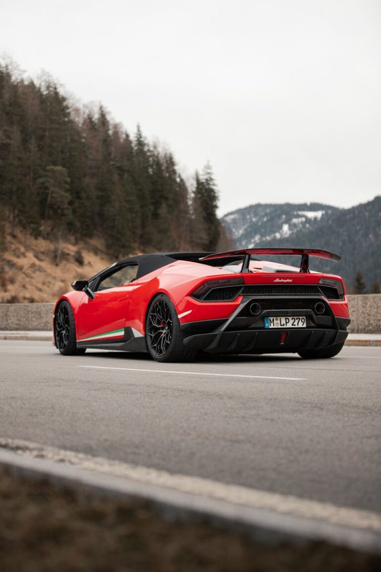 Red luxury sports car parked on a scenic mountain road with a forested backdrop.